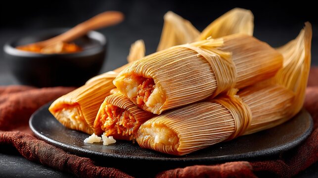 Traditional corn husk tamales with savory meat filling served on a dark plate with red fabric