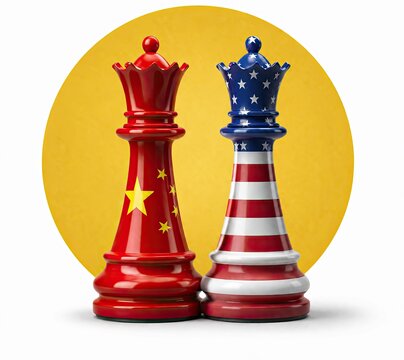 Red chess queen pieces with china and usa flags on white background