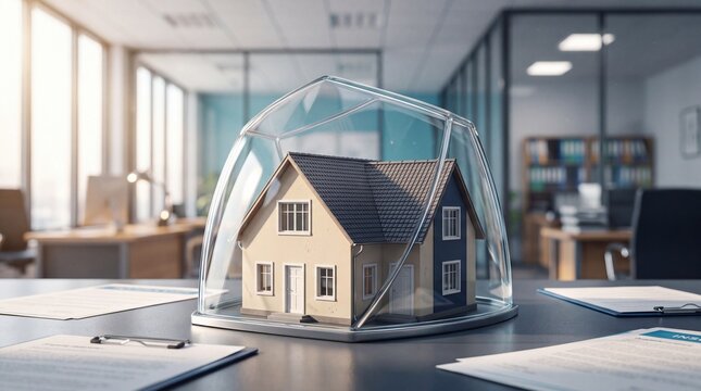 Model house protected under a glass dome on an office desk with insurance documents nearby with small house model sits under clear glass enclosure desk surrounded insurance paperwork