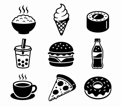 Set of black and white pixel art icons of various food and fast food