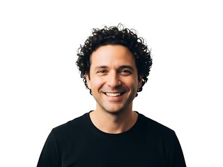 Obraz premium A portrait of a smiling young man with curly hair isolated on white background