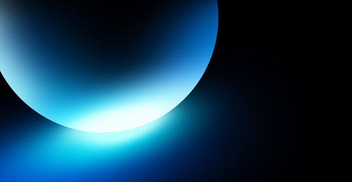 Blue Neon Arc Rising Over Dark Horizon with Glowing Cyan Light, Futuristic Technology Sci Fi Abstract Background with Black Copy Space