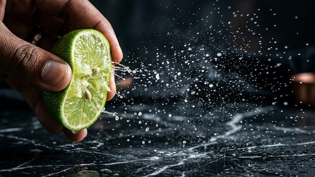 Hand squeezing fresh lime with dynamic juice splash
