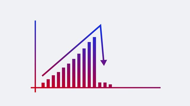 Stylized bar chart and line graph showing growth decline and recovery with an upward arrow animation