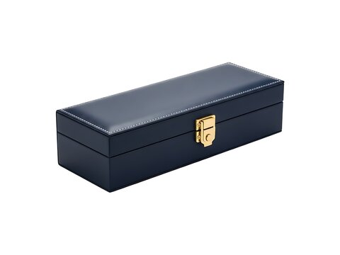 A sleek blue rectangular leather storage box with a gold metal latch