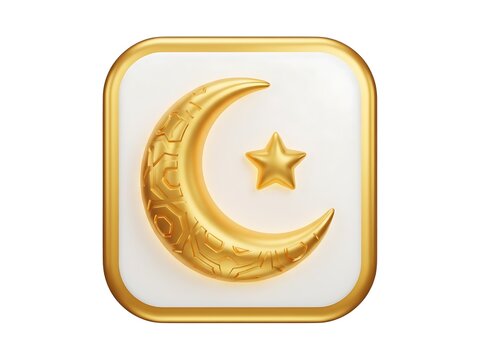 A golden crescent moon and star symbol set within a square rounded border