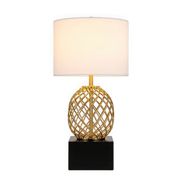 Modern table lamp with a gold metal decorative cage base and a white fabric drum lamp shade isolated on transparent background , PNG