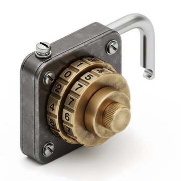 Vintage combination lock mechanism on metal door. Antique brass padlock with numbered dial and shackle. Security hardware for safes, cabinets, and...