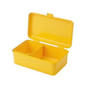 Open yellow plastic lunch box for school meal with two compartments for healthy food storage isolated on transparent background , PNG