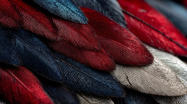 Macro detail shot of red and blue bird feathers pattern for vibrant colorful background design.