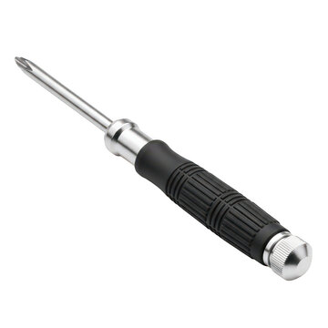 Metal screwdriver with a black rubber handle for repair isolated on transparent background
