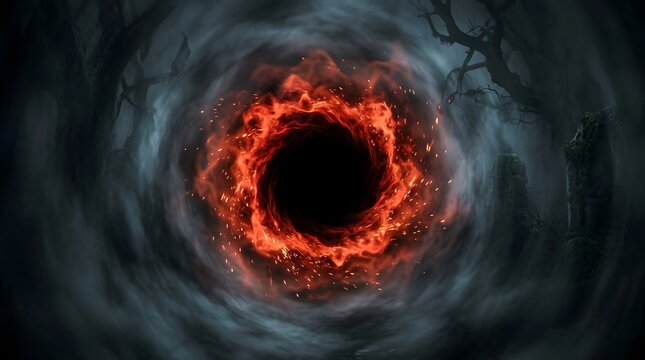 A mesmerizing and frightening halloween background featuring a swirling vortex of dark smoke and fiery embers evoking a sense of mystery and dread perfect