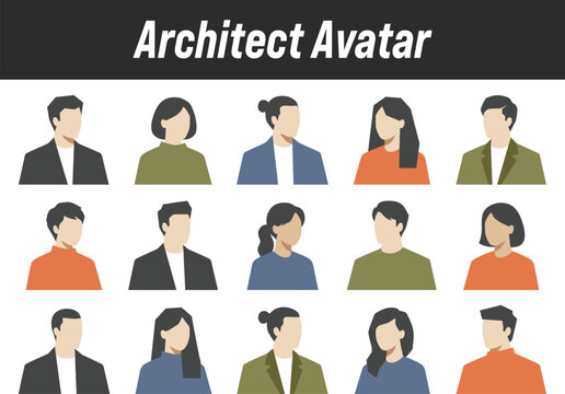 Set of diverse architect avatars featuring professional men and women in various clothing styles and modern haircuts