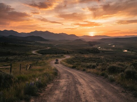 Scenic dirt road winding through rolling hills at sunset with a car driving.