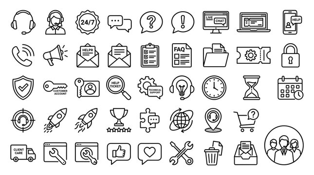 Set of black and white customer service and technical support icons for business and digital communication