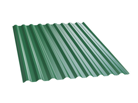 Green corrugated metal sheet for roofing and industrial construction isolated on white.