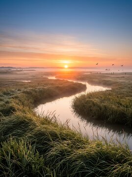 Serene Sunrise Over a Winding River in a Misty Marshland.