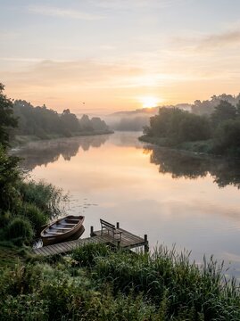 Serene River Sunrise with Wooden Boat and Dock.