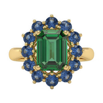Elegant gold ring with a large rectangular green emerald stone and blue sapphire halo gems isolated on transparent background , PNG