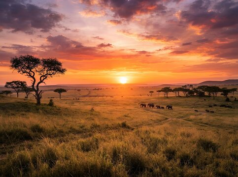 Serengeti National Park Sunrise Landscape with Acacia Trees and Wildlife.