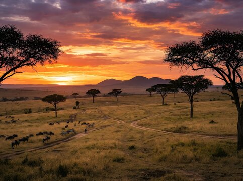 Serengeti National Park African Savannah Sunset with Acacia Trees and Wildlife.