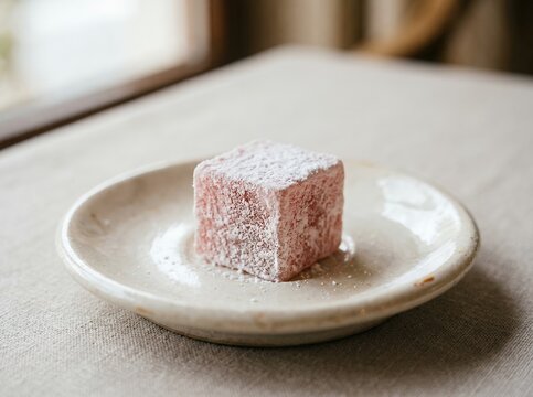 Single piece of Turkish Delight dusted with powdered sugar on a small white plate.
