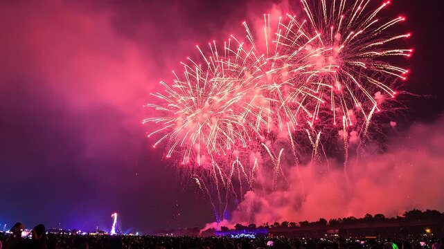Spectacular Fireworks Display Over Silhouetted Crowd at Night
