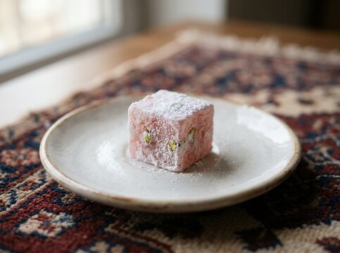 Single piece of Turkish Delight dusted with powdered sugar on a white plate.