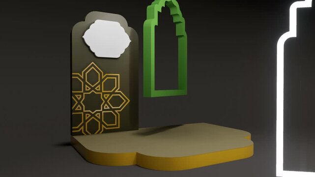 3D render Arabic Islamic photo booth ornament with neon glowing arch, gold geometric lattice mashrabiya panel, green podium platform, dark background