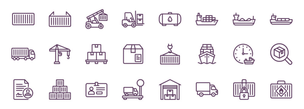 Professional vector cargo and container shipping icon set for logistics transportation and global supply chain management business