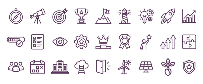 Professional business strategy and corporate planning vector mission and vision icon set for modern graphic design projects