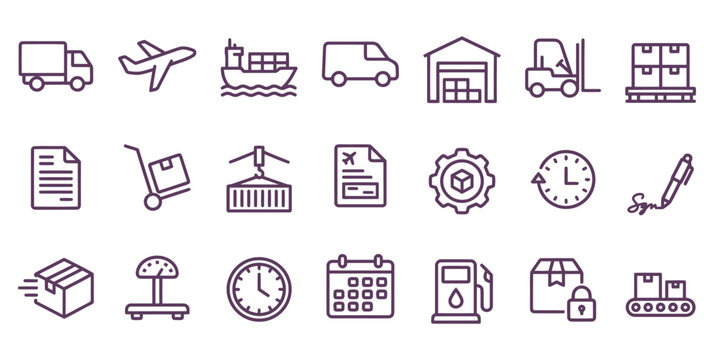 A comprehensive professional global shipping icon set featuring logistics transportation warehouse and supply chain management vector symbols