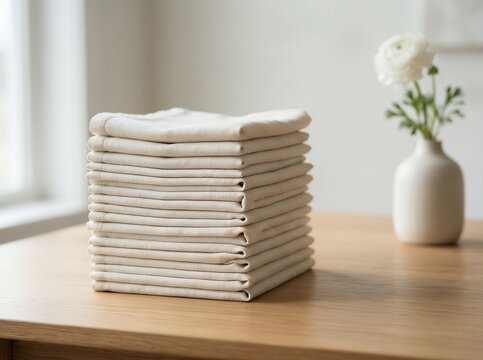Stack of neatly folded white cloth napkins on a wooden table with a vase of flowers.