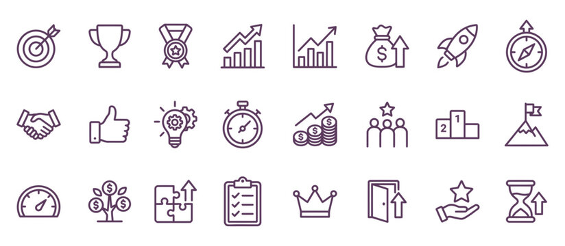 Professional business goals icon set featuring various strategy symbols and growth concepts for corporate planning projects