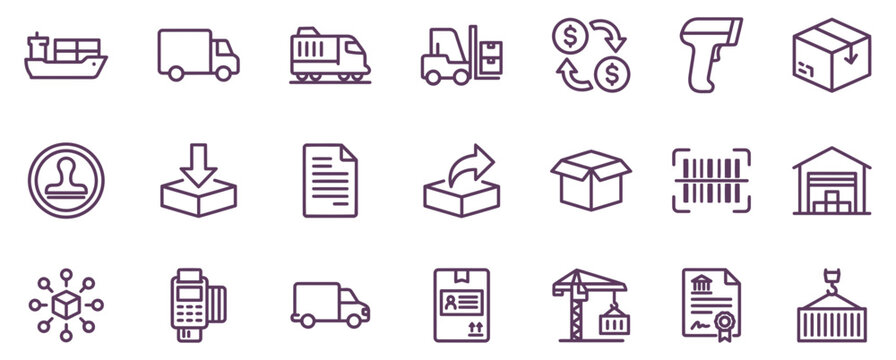Comprehensive international trade and shipping icon set featuring logistics transportation supply chain and global commerce outline symbols