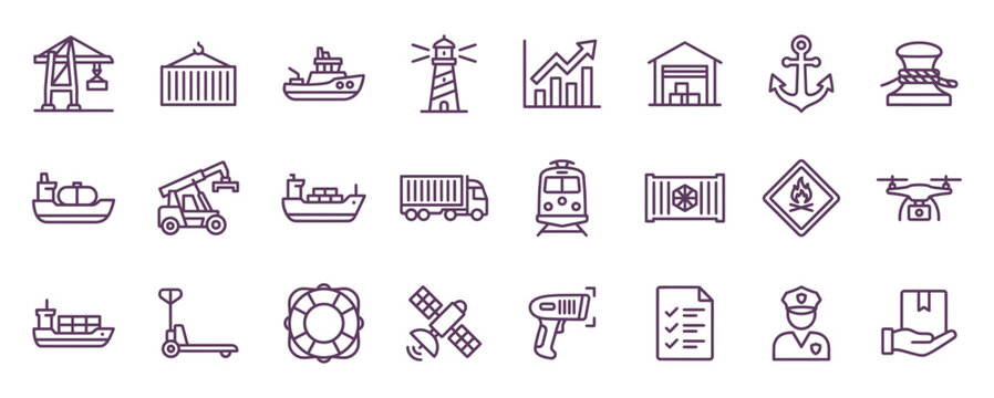 Comprehensive maritime logistics icon set featuring shipping transportation cargo handling and global supply chain management vector symbols