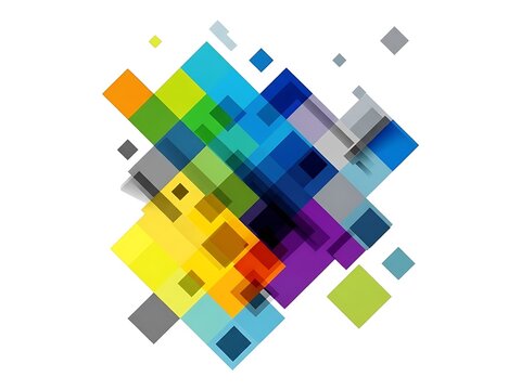 Abstract composition of colorful overlapping squares on a white background