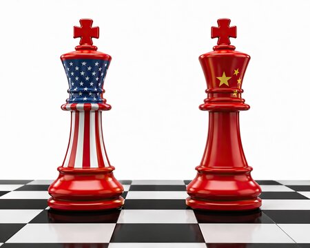 Us and china flag chess king pieces facing each other on a board