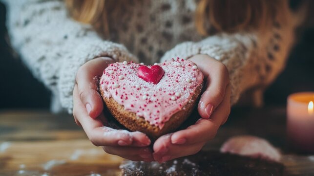 Hands clad in a warm, textured sweater tenderly hold a beautifully decorated heart-shaped cookie, adorned with pink frosting and sprinkles, casting a cozy ambiance with a soft candle glow in the.