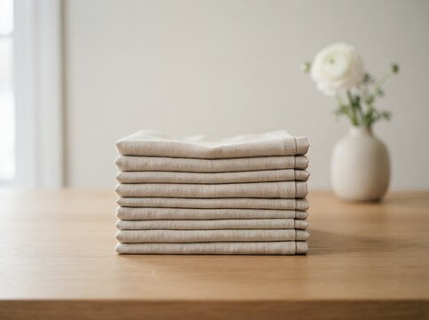 Stack of neatly folded linen napkins on a wooden table with a vase of flowers.