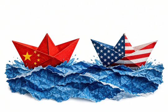 Paper boats with china and usa flags sailing on blue ocean waves
