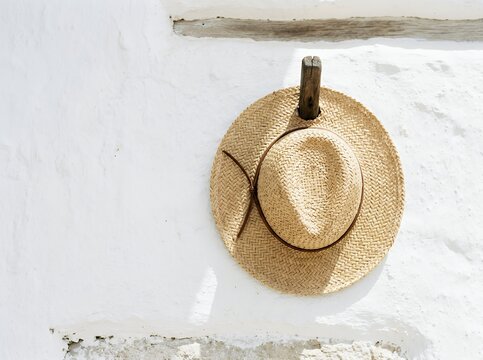 Straw hat hanging on a rustic wooden hook on a white wall.