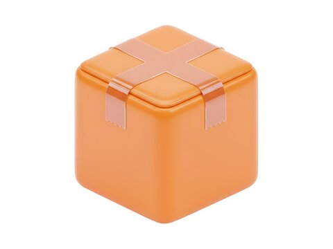 A vibrant orange cube container sealed with a translucent cross shaped tape
