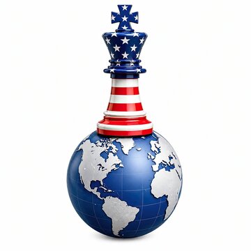 American flag king chess piece standing on top of a blue world globe