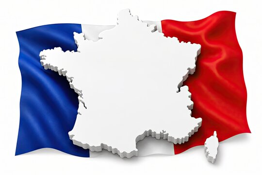 3D map of France country silhouette on a waving French flag background