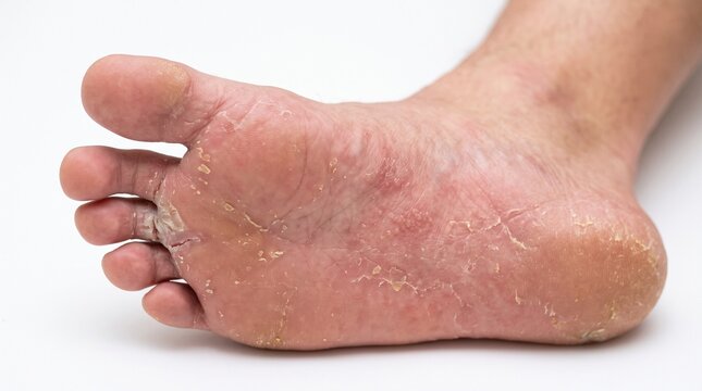 Skin Infection and Redness Between Human Toes Caused by Foot Fungus on White background