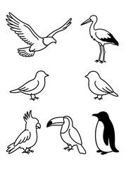 Naklejka premium Various outlined birds including a flying eagle stork parrot toucan and penguin rendered in a simple clean black white style