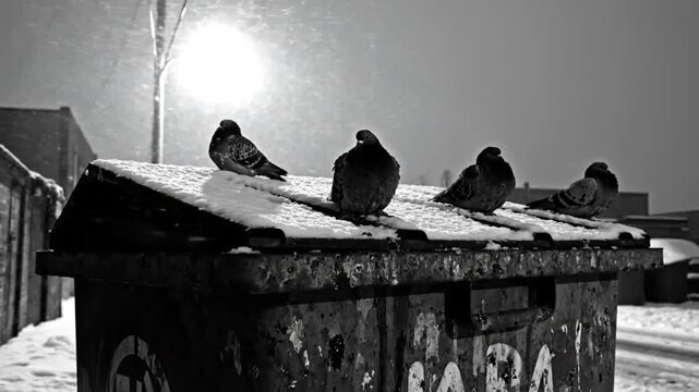 Black and white shot of pigeons huddled together on a snowy dumpster during a winter storm at dusk.