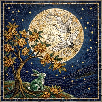 Byzantine mosaic tile artwork of a green jade rabbit sitting beneath blooming osmanthus tree with two flying cranes against golden full moon.