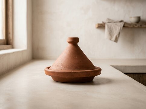 Terracotta Tagine Pot on Kitchen Countertop.